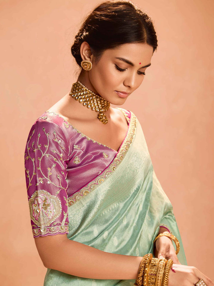 Beautiful Sea Green Zari Weaving Silk Engagement Wear Saree