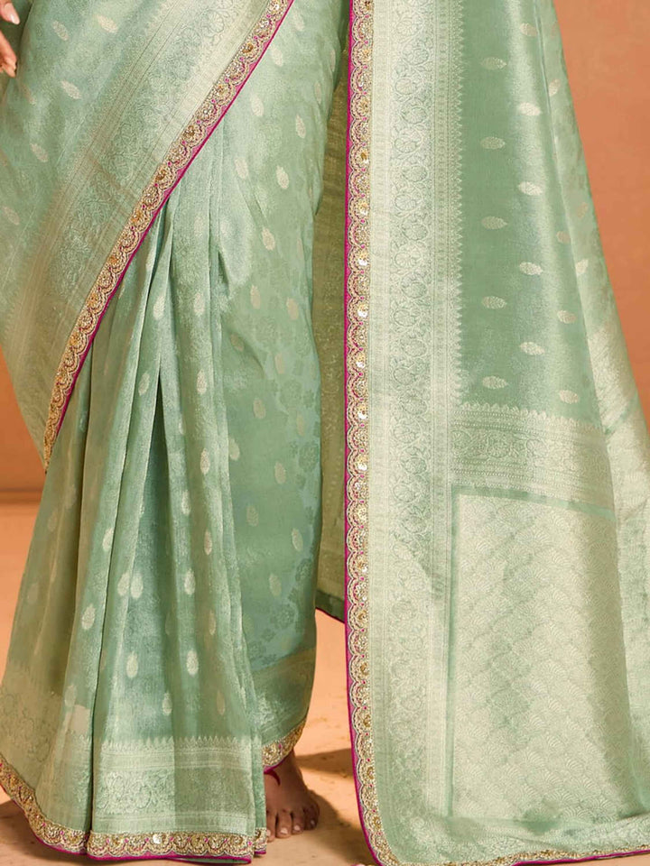 Beautiful Sea Green Zari Weaving Silk Engagement Wear Saree