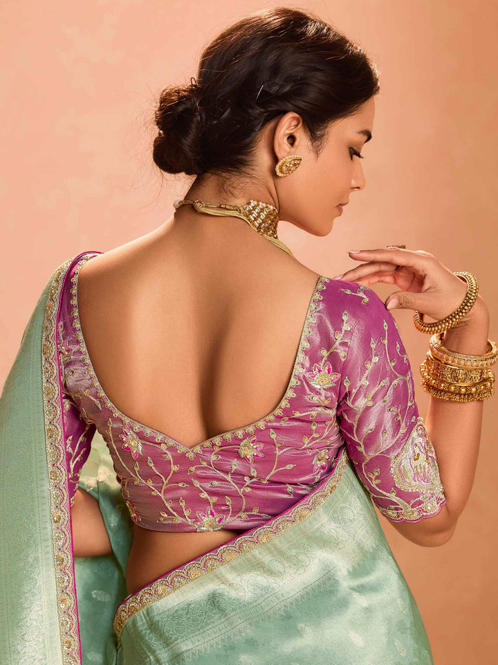 Beautiful Sea Green Zari Weaving Silk Engagement Wear Saree