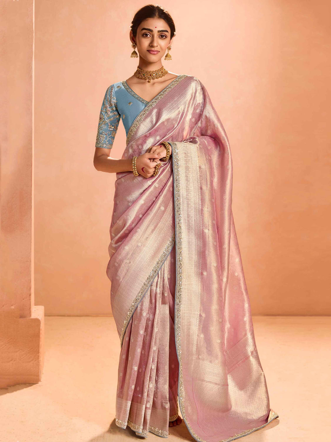 Enjoyable Pink Zari Weaving Silk Wedding Wear Saree With Blouse