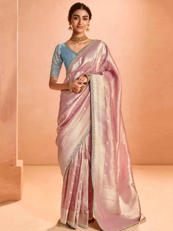 Enjoyable Pink Zari Weaving Silk Wedding Wear Saree With Blouse