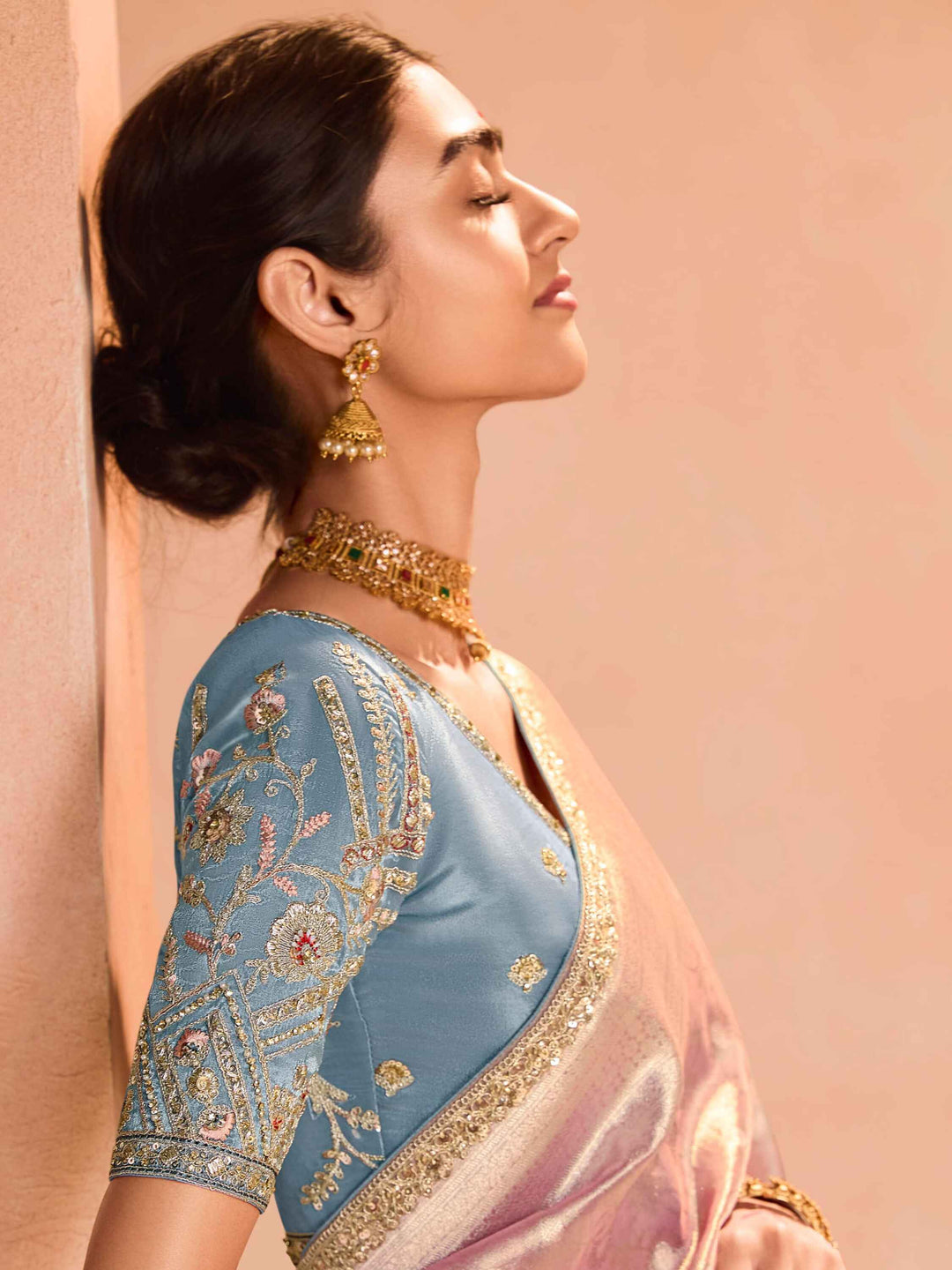 Enjoyable Pink Zari Weaving Silk Wedding Wear Saree With Blouse