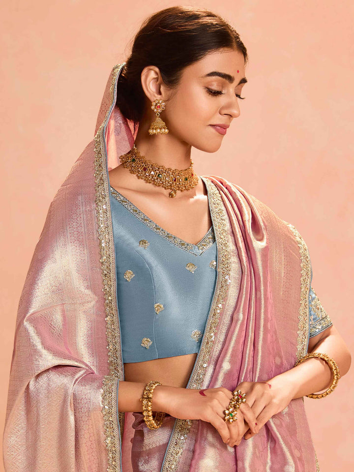 Enjoyable Pink Zari Weaving Silk Wedding Wear Saree With Blouse