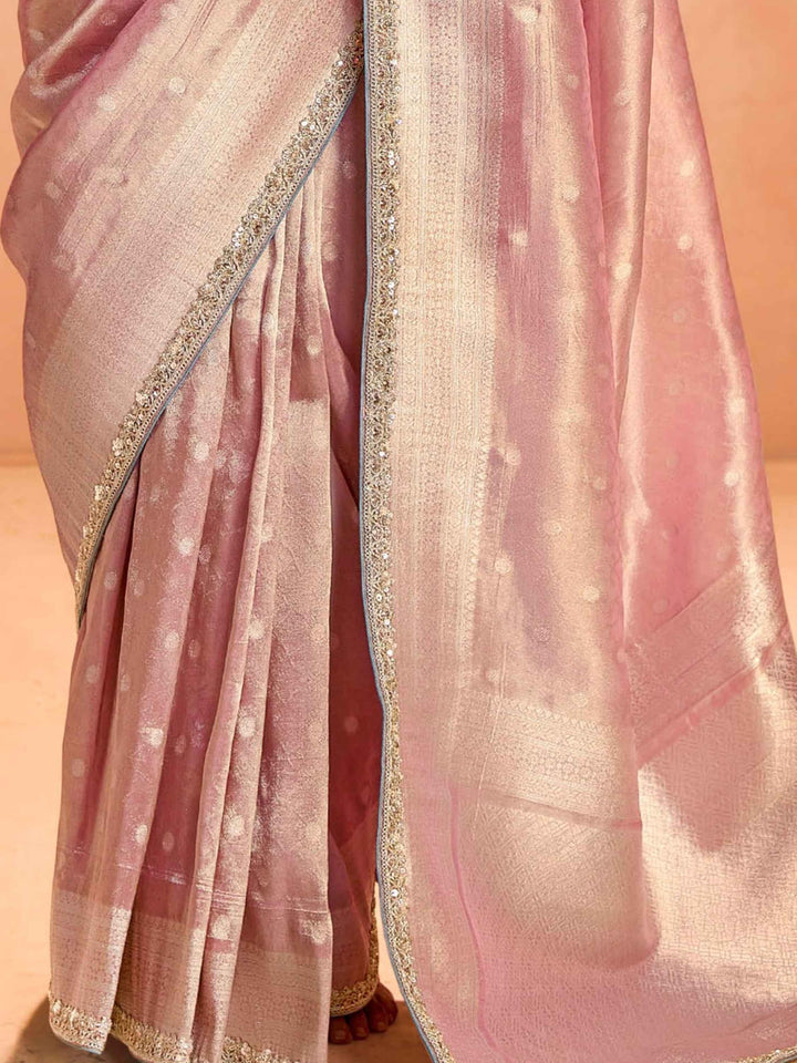 Enjoyable Pink Zari Weaving Silk Wedding Wear Saree With Blouse