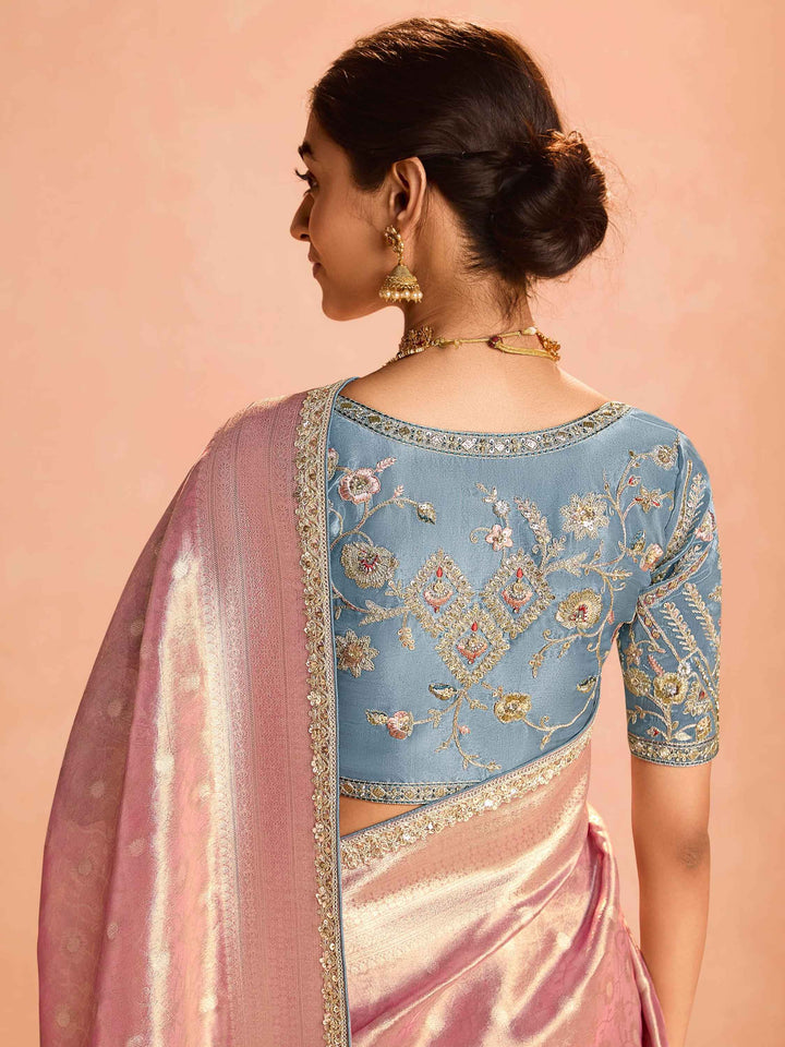 Enjoyable Pink Zari Weaving Silk Wedding Wear Saree With Blouse