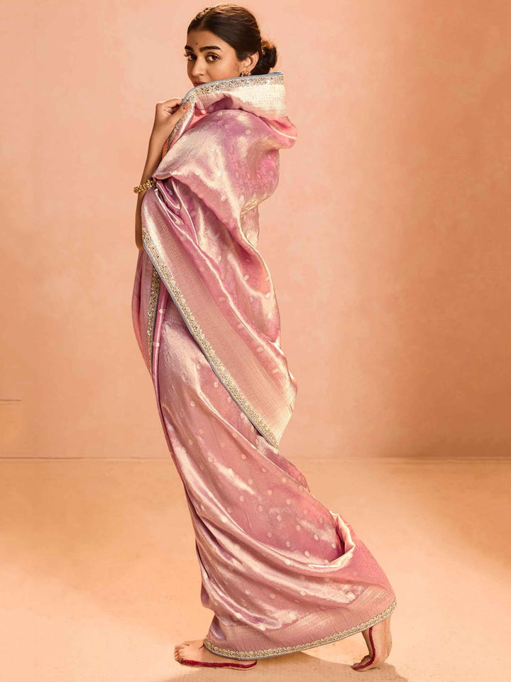 Enjoyable Pink Zari Weaving Silk Wedding Wear Saree With Blouse