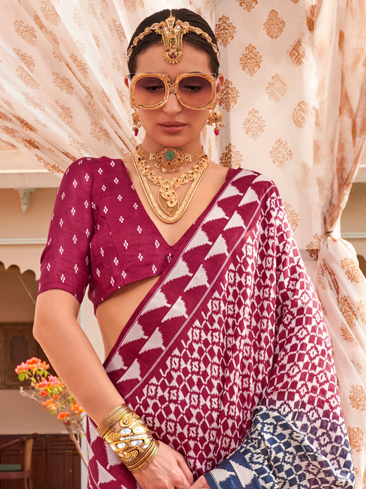Attractive Wine Digital Printed Silk Traditional Saree With Blouse