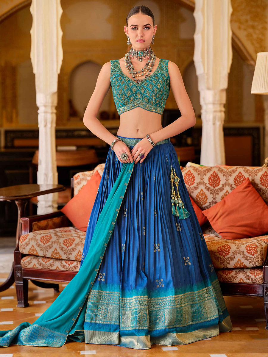 Incredible Blue Zari Weaving Silk Designer Lehenga Choli With Dupatta