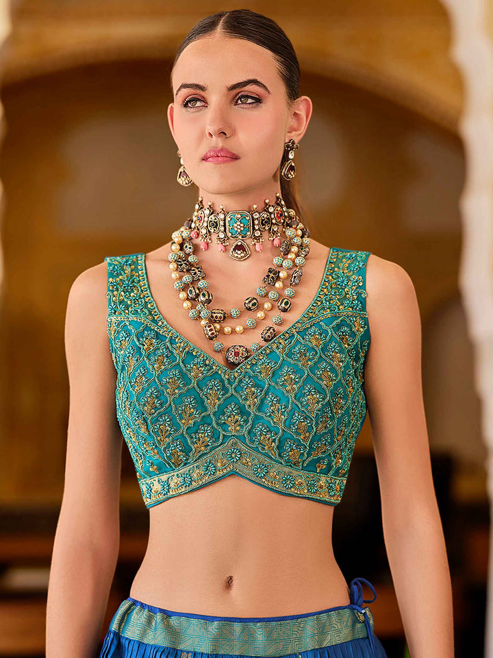 Incredible Blue Zari Weaving Silk Designer Lehenga Choli With Dupatta