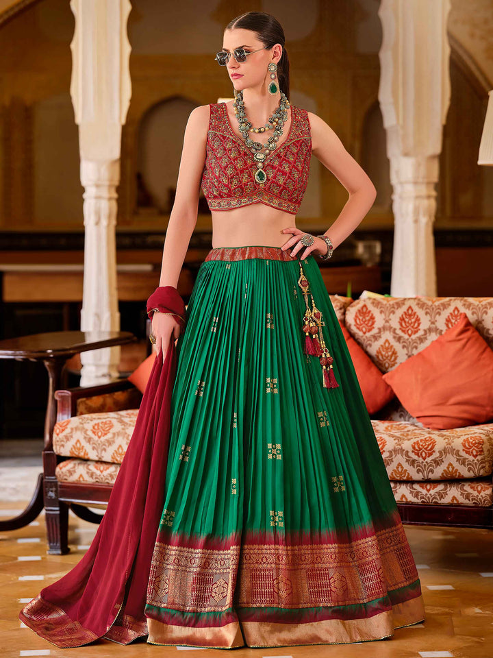 Surprising Green Zari Weaving Silk Wedding Lehenga Choli With Dupatta