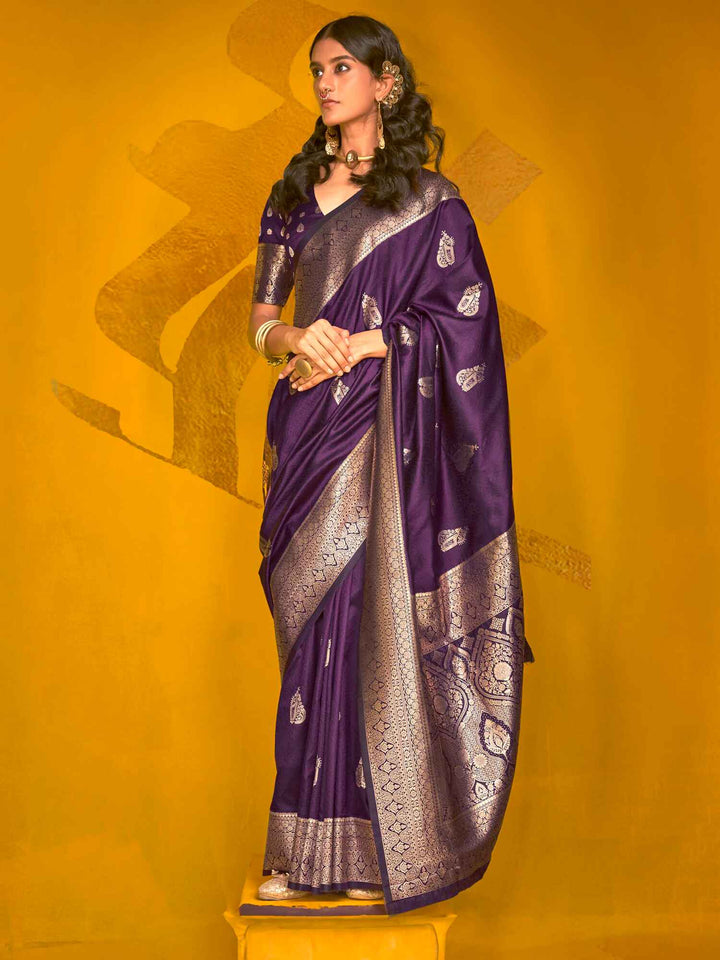 Ravishing Purple Zari Weaving Silk Wedding Wear Saree With Blouse