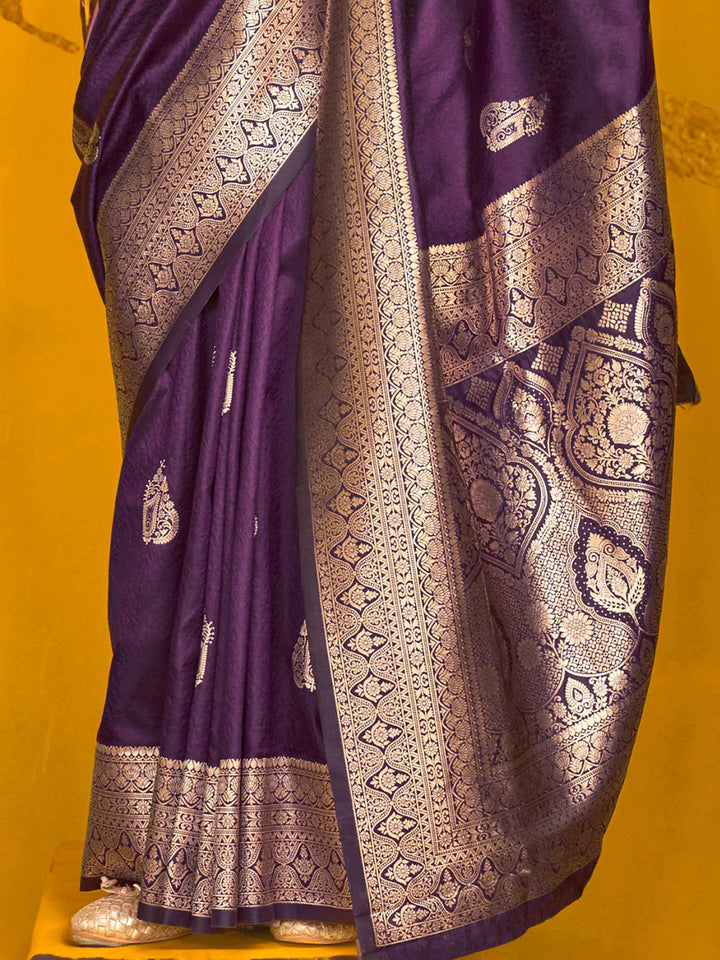 Ravishing Purple Zari Weaving Silk Wedding Wear Saree With Blouse