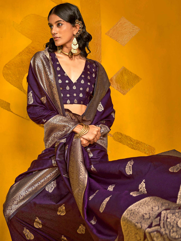 Ravishing Purple Zari Weaving Silk Wedding Wear Saree With Blouse