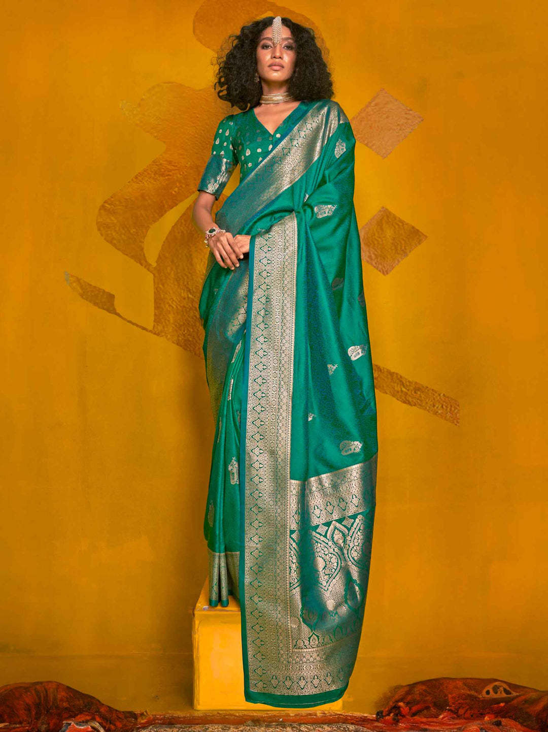 Alluring Teal Green Zari Weaving Silk Festival Wear Saree With Blouse