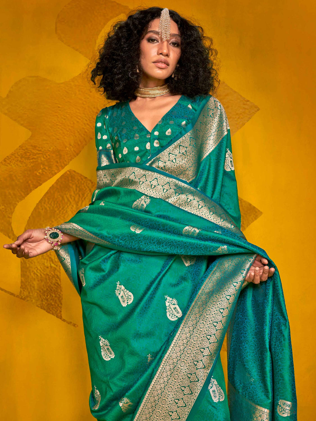 Alluring Teal Green Zari Weaving Silk Festival Wear Saree With Blouse