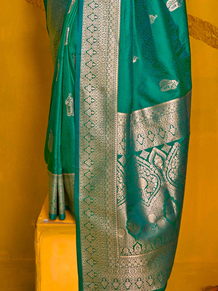 Alluring Teal Green Zari Weaving Silk Festival Wear Saree With Blouse