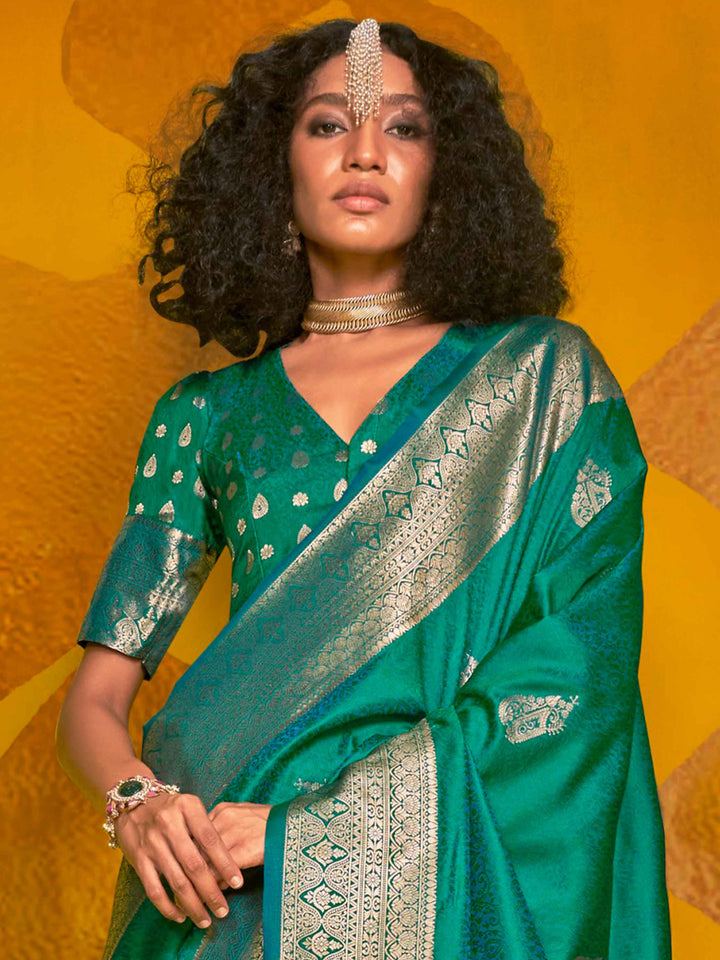 Alluring Green Zari Weaving | Silk Festival Wear Saree with Blouse Edition