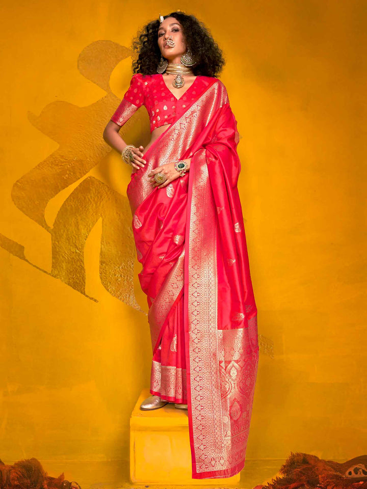Marvelous Pink Zari Weaving Silk Event Wear Saree With Blouse