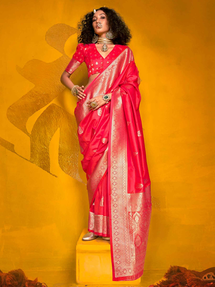 Marvelous Pink Zari Weaving Silk Event Wear Saree With Blouse