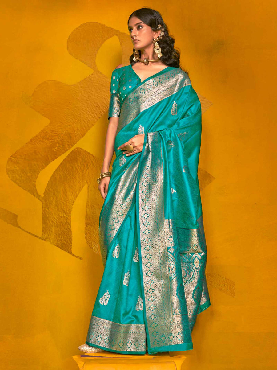 Glamorous Teal Blue Zari Weaving Silk Traditional Saree With Blouse