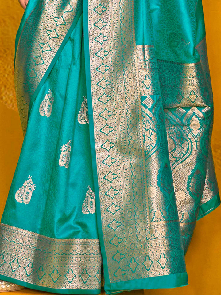 Glamorous Teal Blue Zari Weaving Silk Traditional Saree With Blouse