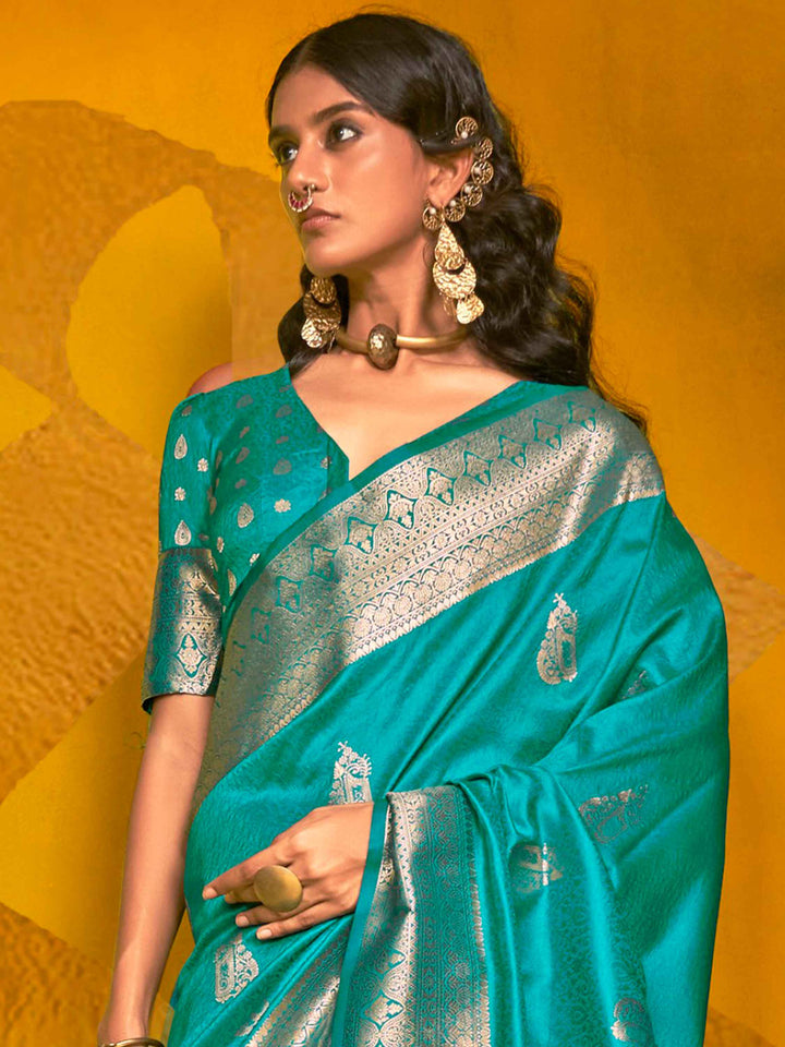 Glamorous Teal Blue Zari Weaving Silk Traditional Saree With Blouse
