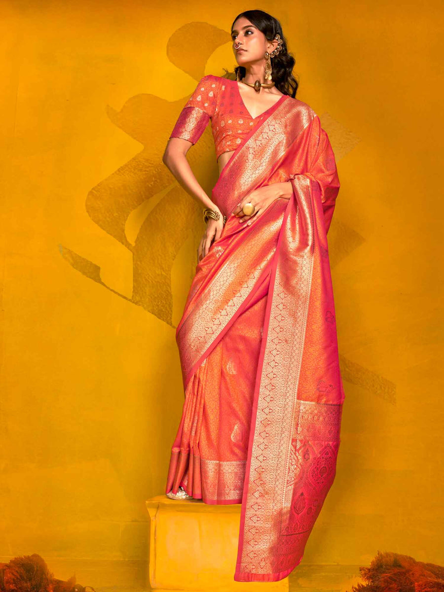 Incredible Orange Zari Weaving Silk Festival Wear Saree With Blouse