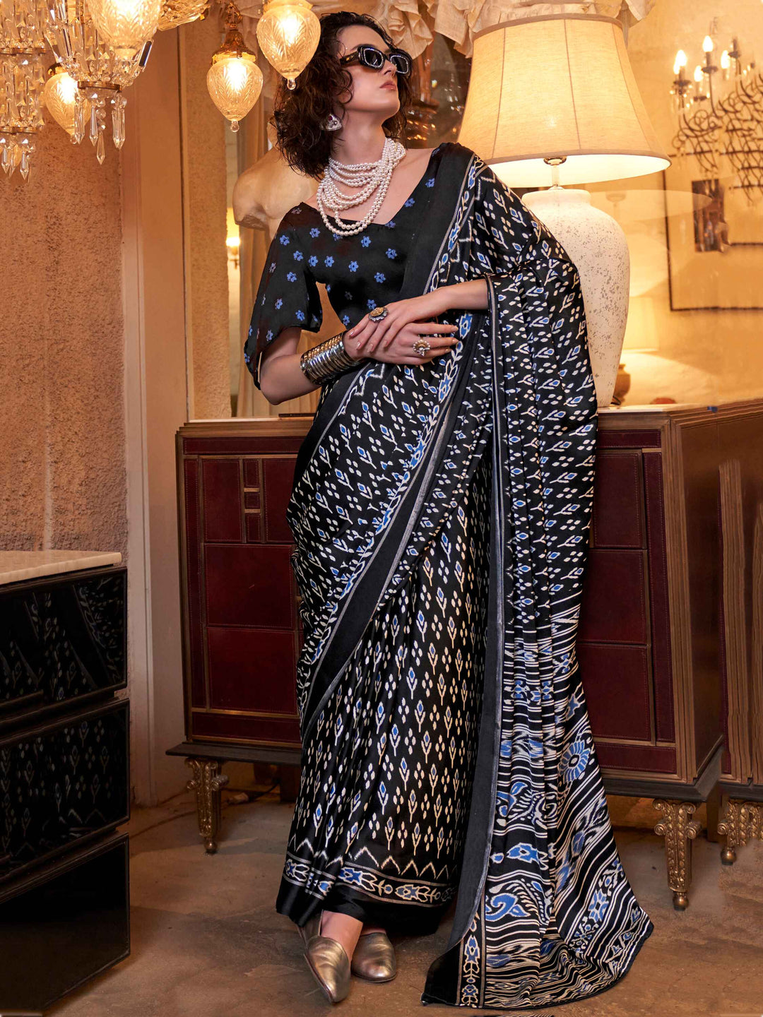 Attractive Black Digital Printed Satin Event Wear Saree With Blouse