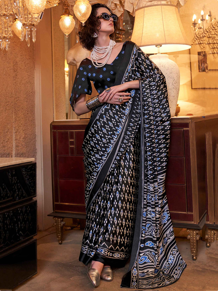 Attractive Black Digital Printed Satin Event Wear Saree With Blouse