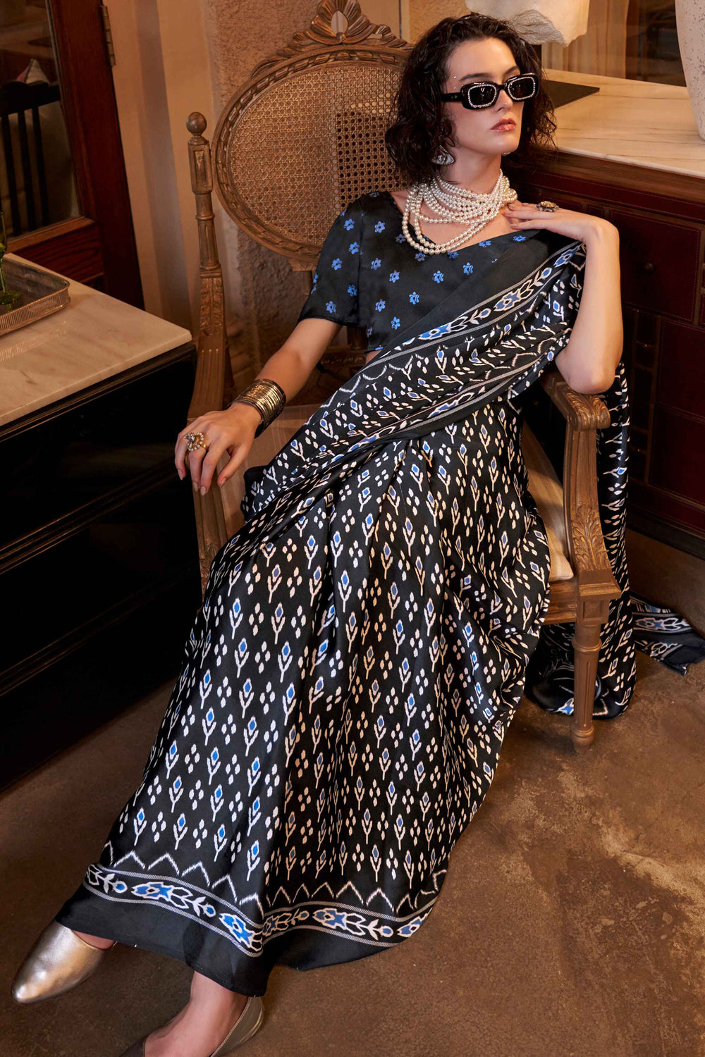 Attractive Black Digital Printed Satin Event Wear Saree With Blouse