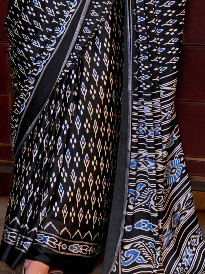 Attractive Black Digital Printed Satin Event Wear Saree With Blouse