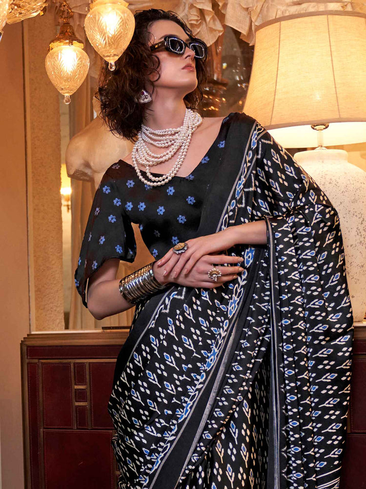 Attractive Black Digital Printed Satin Event Wear Saree With Blouse