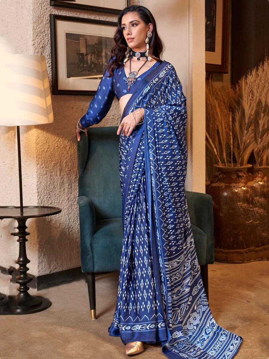 Wonderful Royal Blue Digital Printed Satin Function Wear Saree