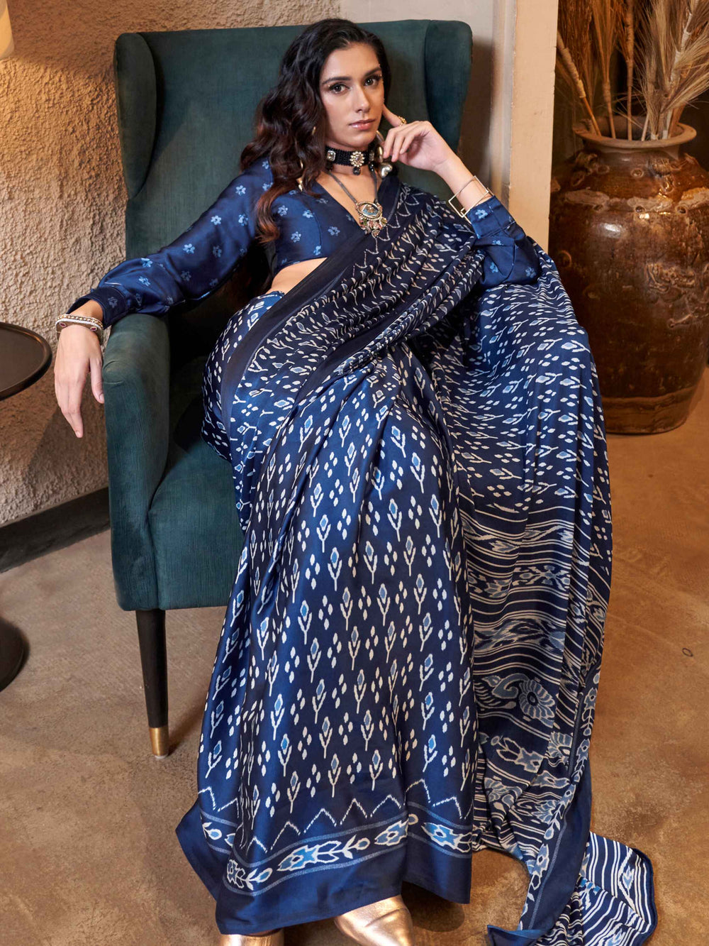 Wonderful Royal Blue Digital Printed Satin Function Wear Saree