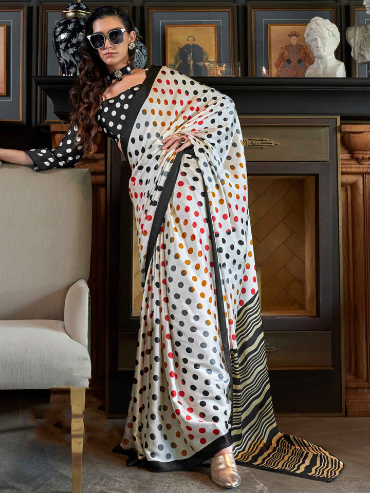 Surprising White Digital Printed Satin Office Wear Saree With Dupatta