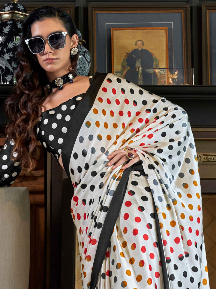 Surprising White Digital Printed Satin Office Wear Saree With Dupatta