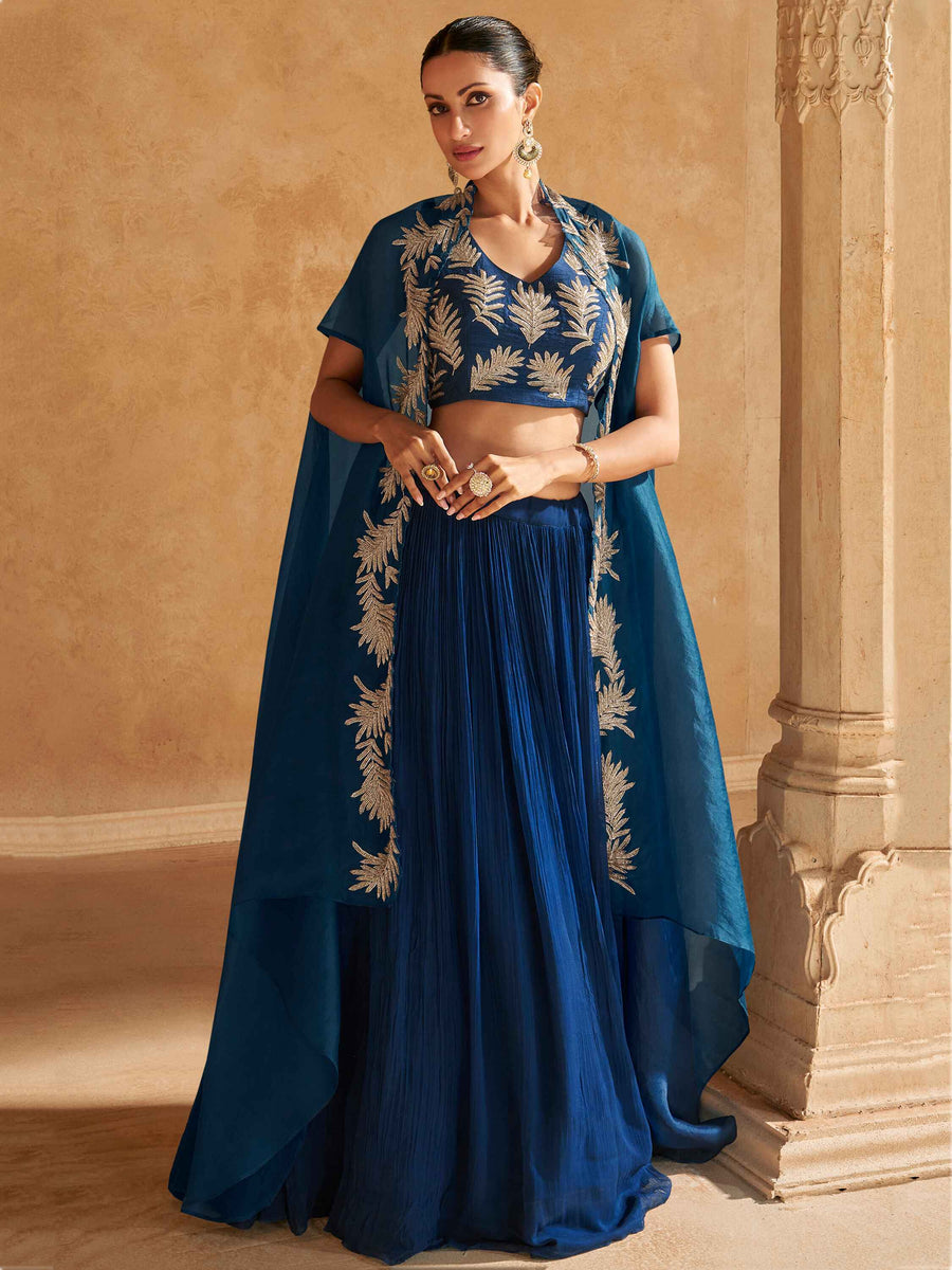Ravishing Blue Chinon Engagement Wear Lehenga Choli With Jacket