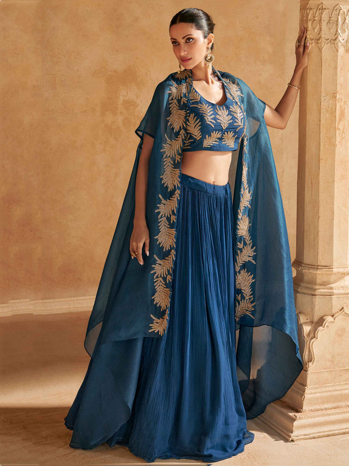 Ravishing Blue Chinon Engagement Wear Lehenga Choli With Jacket