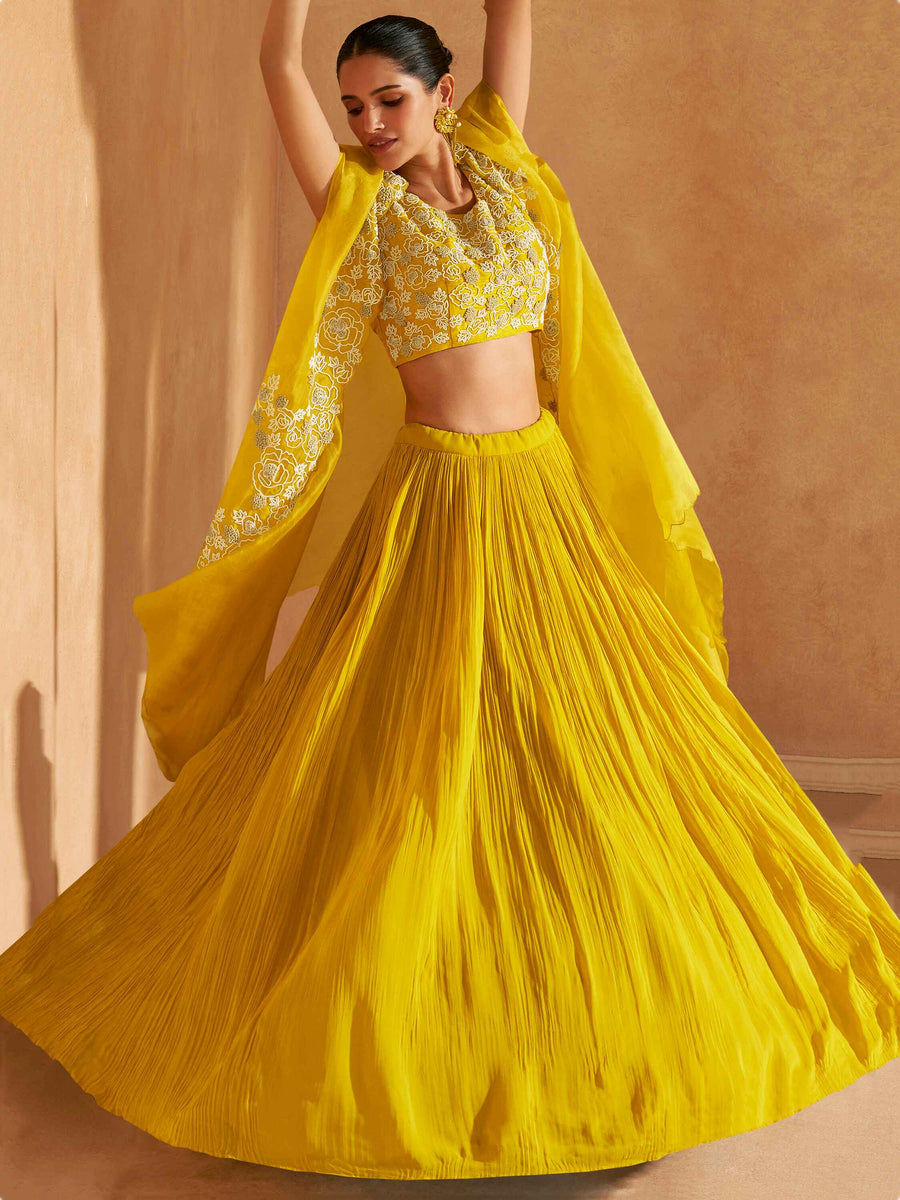 Stunning Yellow Hand Work Chinon Haldi Wear Lehenga Choli With Jacket