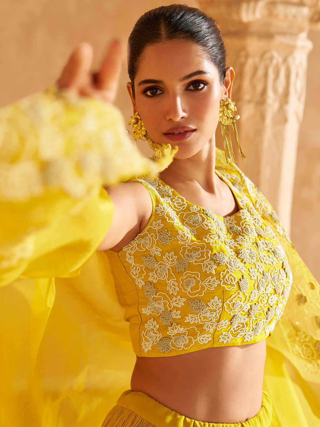 Stunning Yellow Hand Work Chinon Haldi Wear Lehenga Choli With Jacket