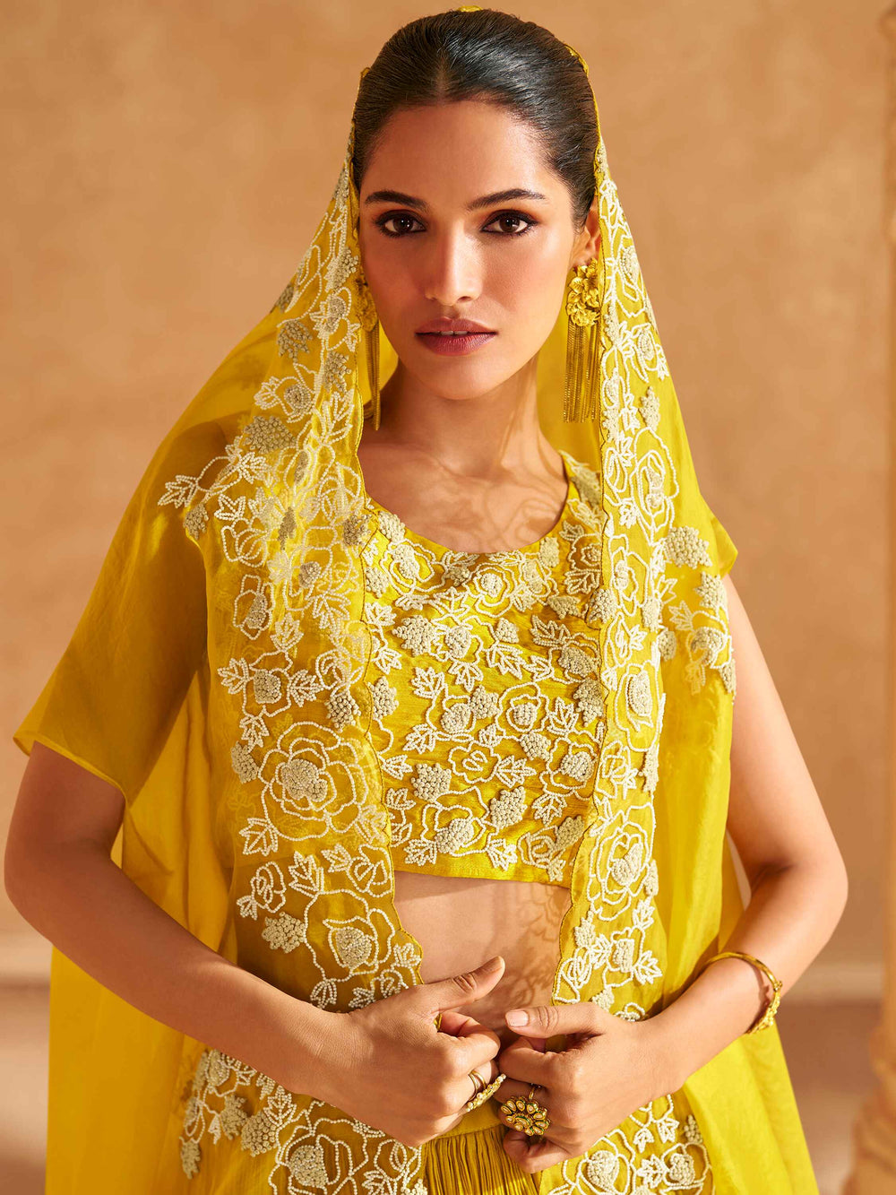 Stunning Yellow Hand Work Chinon Haldi Wear Lehenga Choli With Jacket