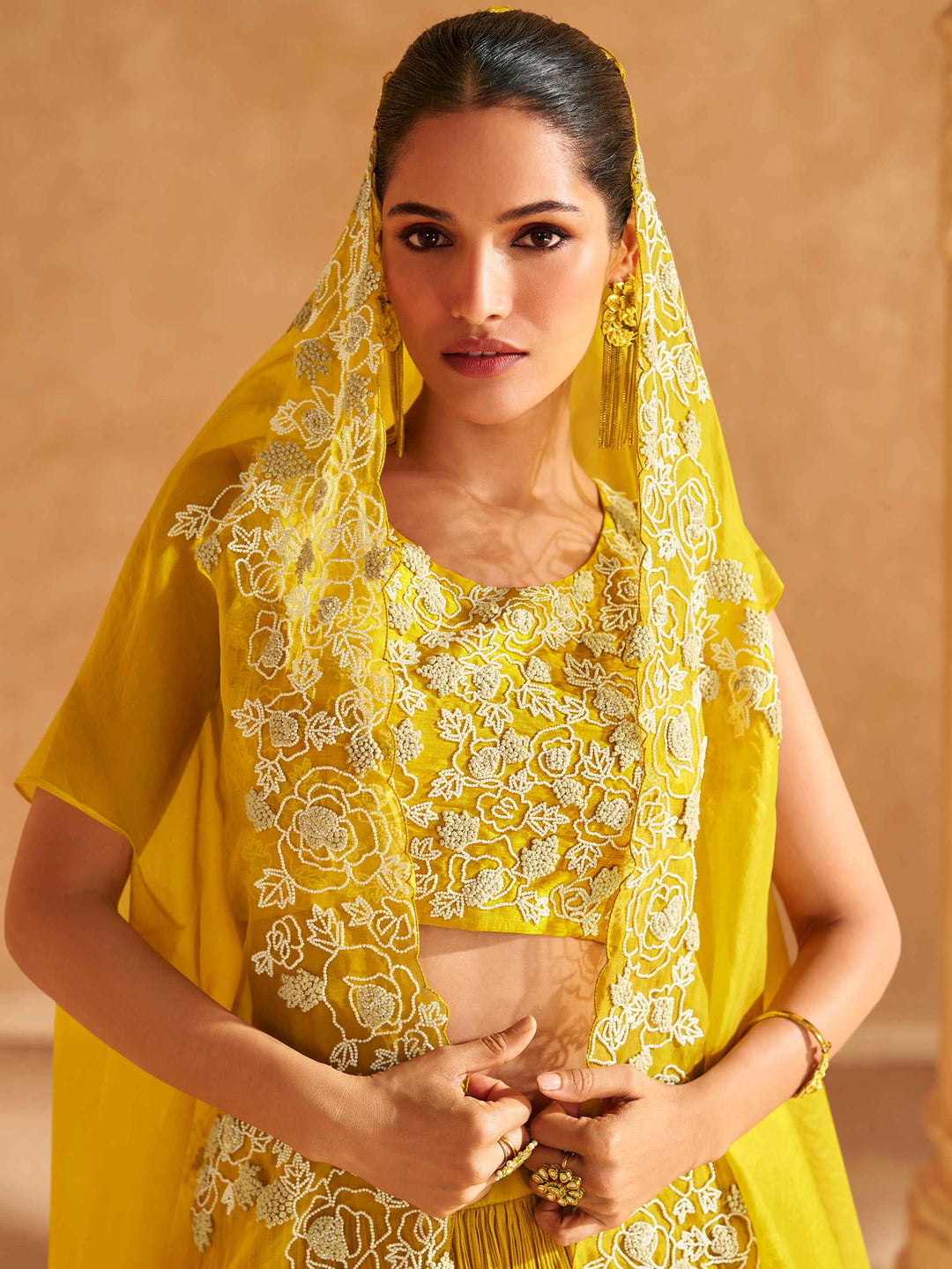 Stunning Yellow Hand Work Chinon Haldi Wear Lehenga Choli With Jacket