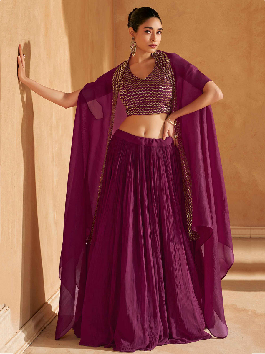 Adorable Wine Chinon Party Wear Lehenga Choli With Jacket