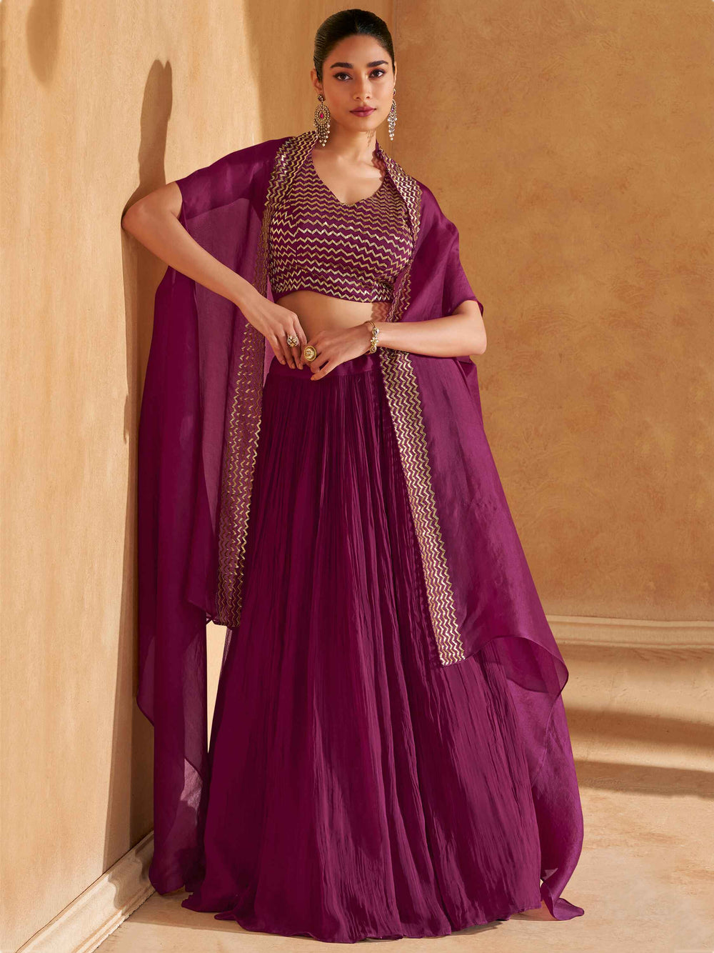 Adorable Wine Chinon Party Wear Lehenga Choli With Jacket