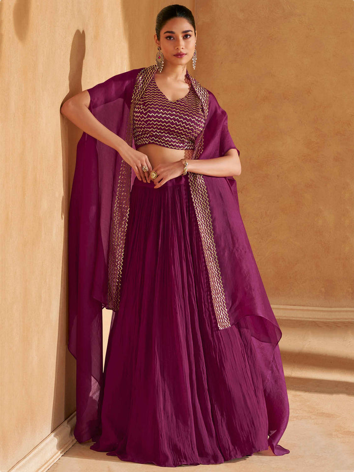 Adorable Wine Chinon Party Wear Lehenga Choli With Jacket