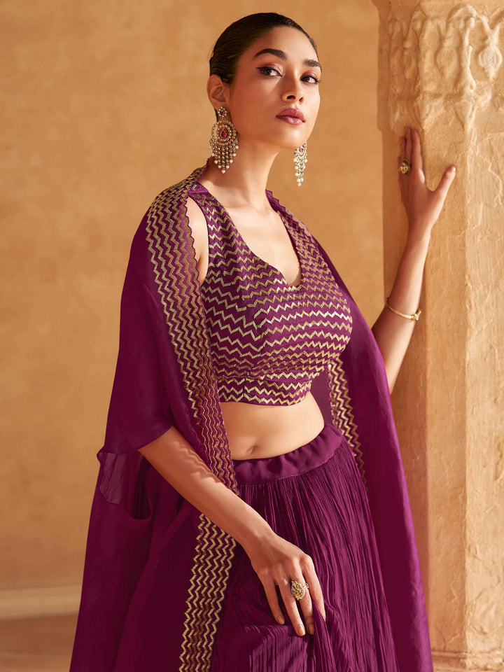 Adorable Wine Chinon Party Wear Lehenga Choli With Jacket