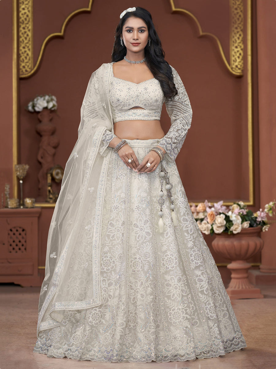Adorable Off-White Sequins Net Engagement Wear Lehenga Choli