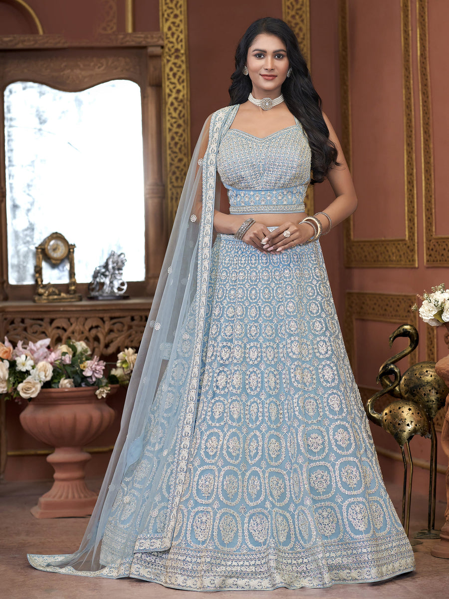 Ravishing Sky-Blue Embroidered Net Designer Lehenga Choli With Dupatta