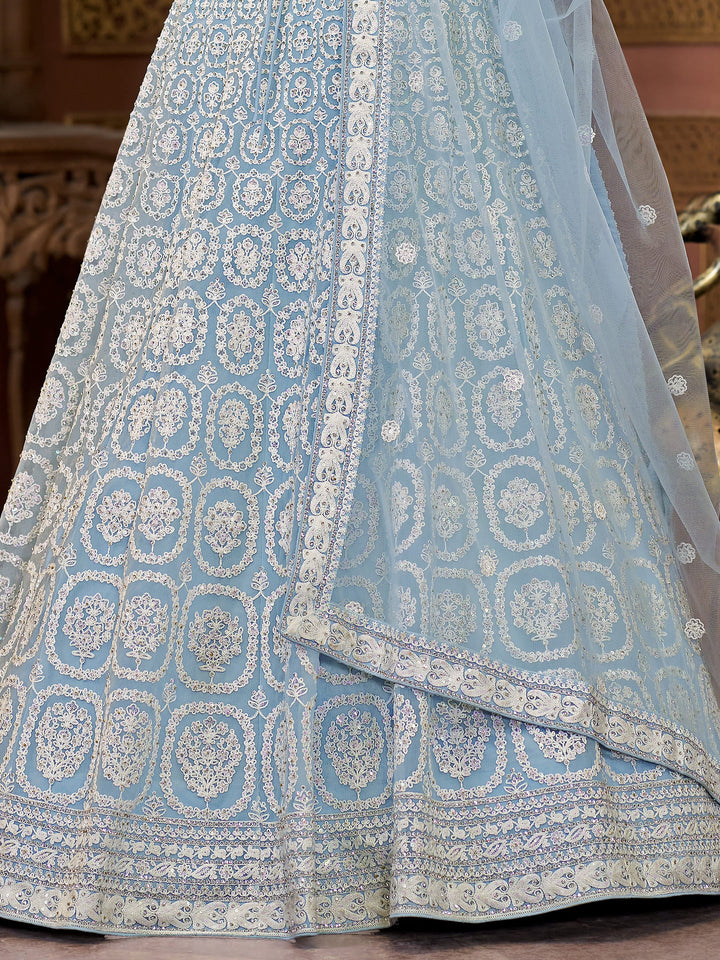 Ravishing Sky-Blue Embroidered Net Designer Lehenga Choli With Dupatta