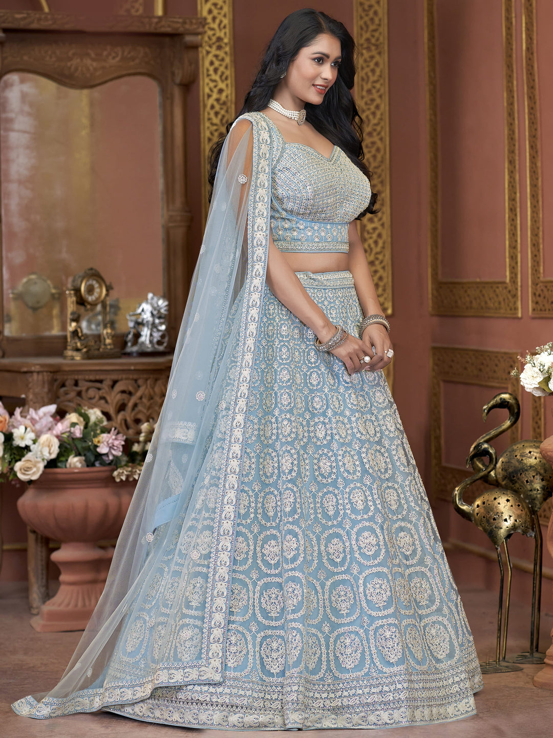 Ravishing Sky-Blue Embroidered Net Designer Lehenga Choli With Dupatta